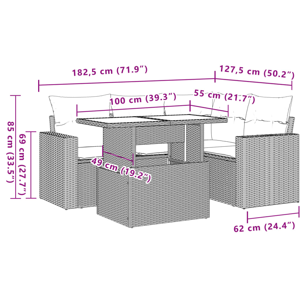 5-tlg. Garten-Sofagarnitur mit Kissen Hellgrau Poly Rattan