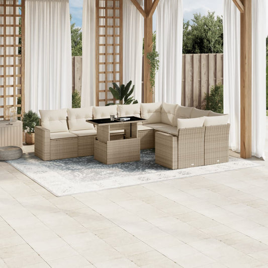 10-tlg. Garten-Sofagarnitur mit Kissen Beige Poly Rattan