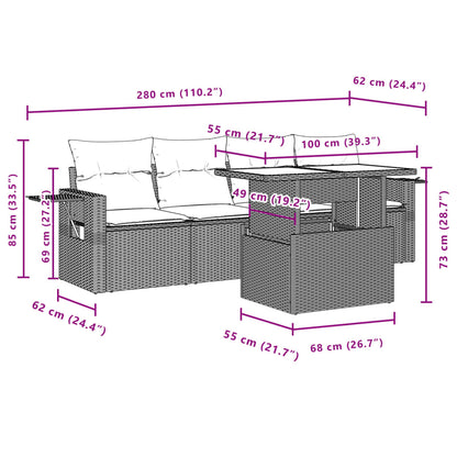 5-tlg. Garten-Sofagarnitur mit Kissen Hellgrau Poly Rattan