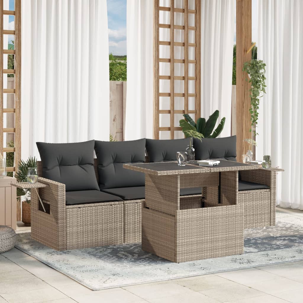 5-tlg. Garten-Sofagarnitur mit Kissen Hellgrau Poly Rattan