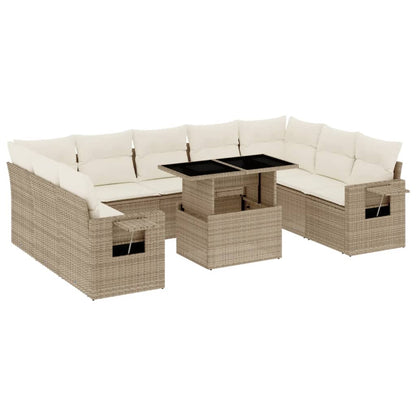 10-tlg. Garten-Sofagarnitur mit Kissen Beige Poly Rattan