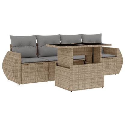 5-tlg. Garten-Sofagarnitur mit Kissen Beige Poly Rattan