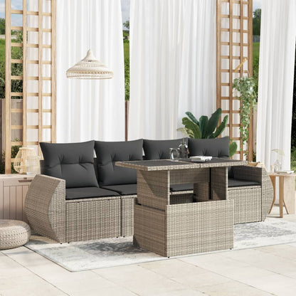 5-tlg. Garten-Sofagarnitur mit Kissen Hellgrau Poly Rattan