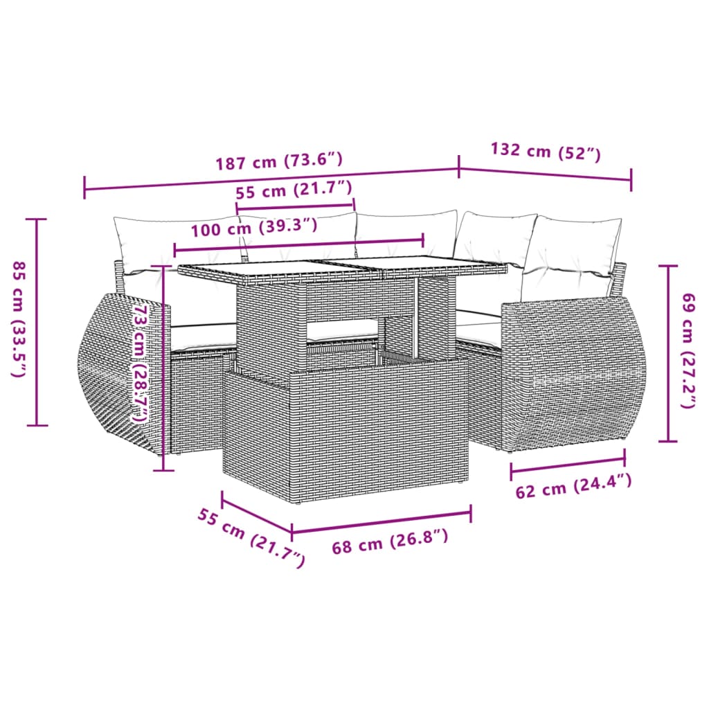 5-tlg. Garten-Sofagarnitur mit Kissen Hellgrau Poly Rattan