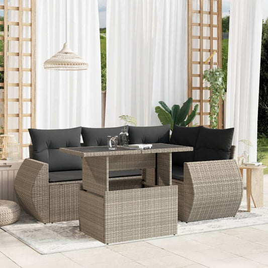 5-tlg. Garten-Sofagarnitur mit Kissen Hellgrau Poly Rattan