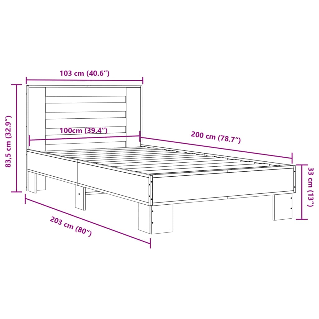 Bettgestell Räuchereiche 100x200 cm Holzwerkstoff und Metall