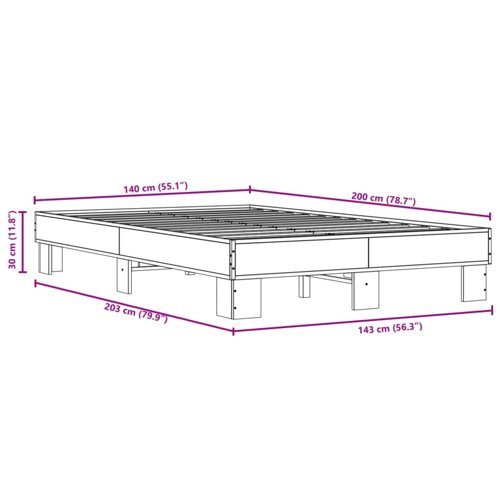 Bettgestell Grau Sonoma 140x200 cm Holzwerkstoff und Metall