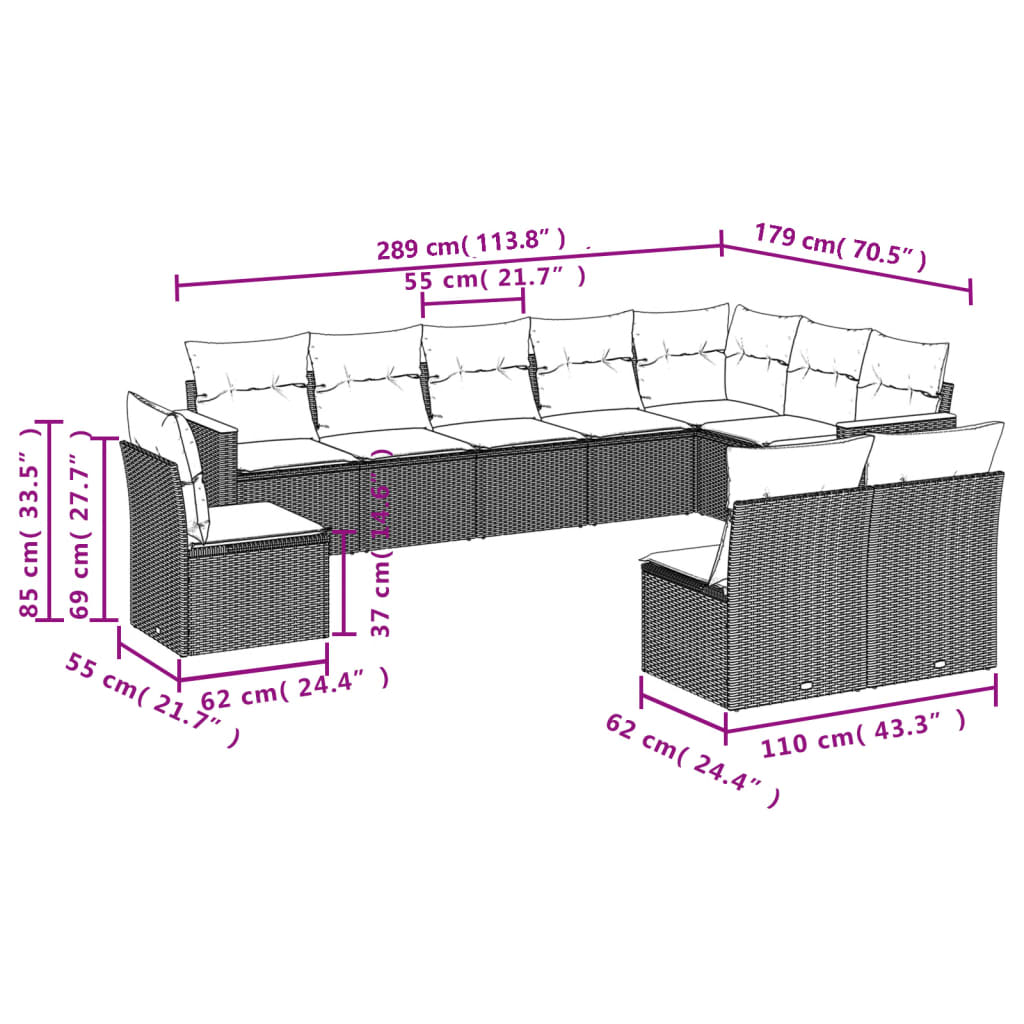 10-tlg. Garten-Sofagarnitur mit Kissen Schwarz Poly Rattan