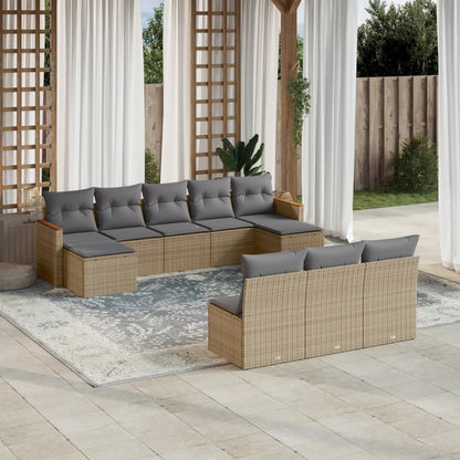 10-tlg. Garten-Sofagarnitur mit Kissen Beige Poly Rattan