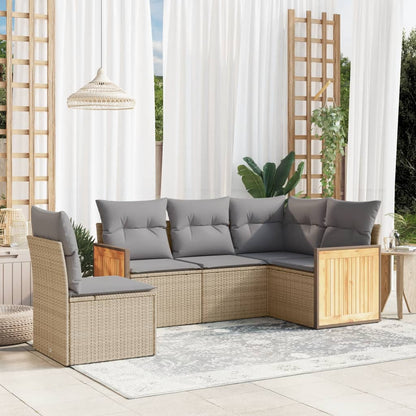 5-tlg. Garten-Sofagarnitur mit Kissen Beige Poly Rattan