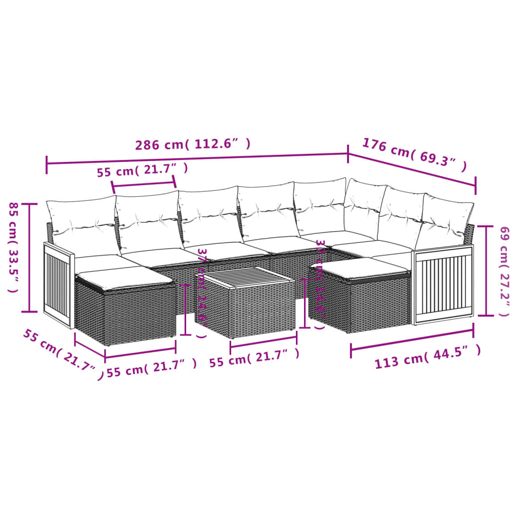 10-tlg. Garten-Sofagarnitur mit Kissen Grau Poly Rattan