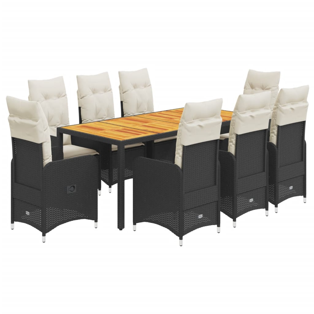 9-tlg. Garten-Bistro-Set mit Kissen Schwarz Poly Rattan