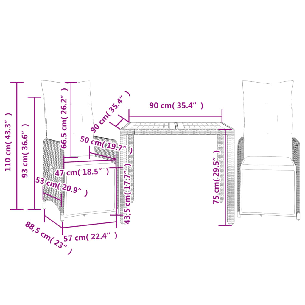 3-tlg. Garten-Bistro-Set mit Kissen Schwarz Poly Rattan