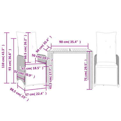 3-tlg. Garten-Bistro-Set mit Kissen Schwarz Poly Rattan