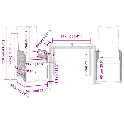 3-tlg. Garten-Bistro-Set mit Kissen Schwarz Poly Rattan