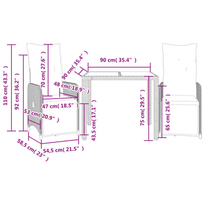 3-tlg. Garten-Bistro-Set mit Kissen Braun Poly Rattan