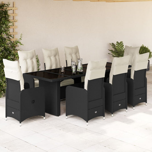 9-tlg. Garten-Bistro-Set mit Kissen Schwarz Poly Rattan