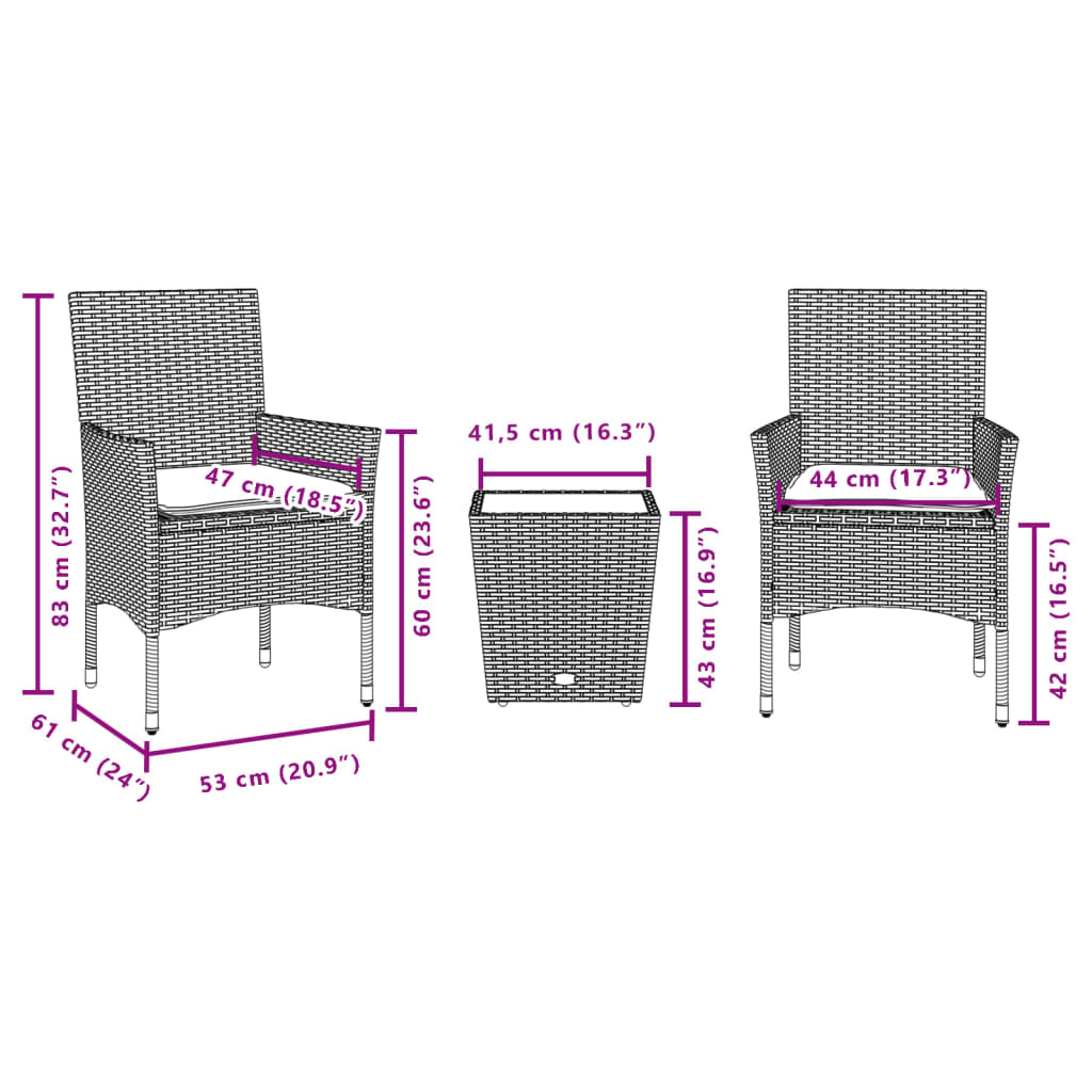 3-tlg. Bistro-Set mit Kissen Schwarz Poly Rattan und Glas