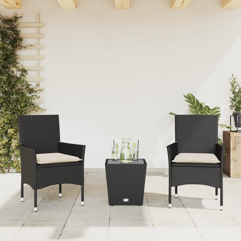 3-tlg. Bistro-Set mit Kissen Schwarz Poly Rattan und Glas