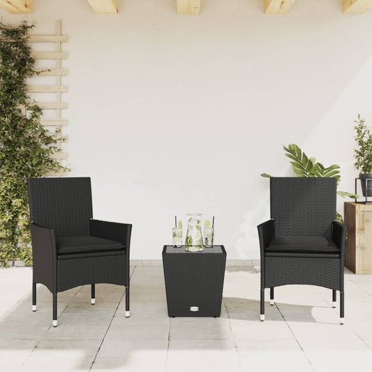 3-tlg. Bistro-Set mit Kissen Schwarz Poly Rattan und Glas