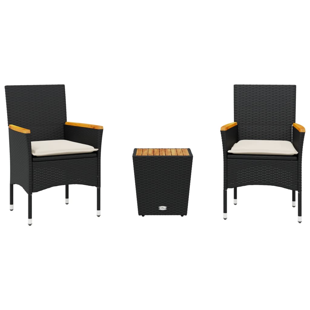 3-tlg. Bistro-Set mit Kissen Schwarz Poly Rattan und Glas