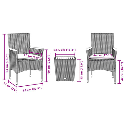 3-tlg. Bistro-Set mit Kissen Schwarz Poly Rattan und Glas