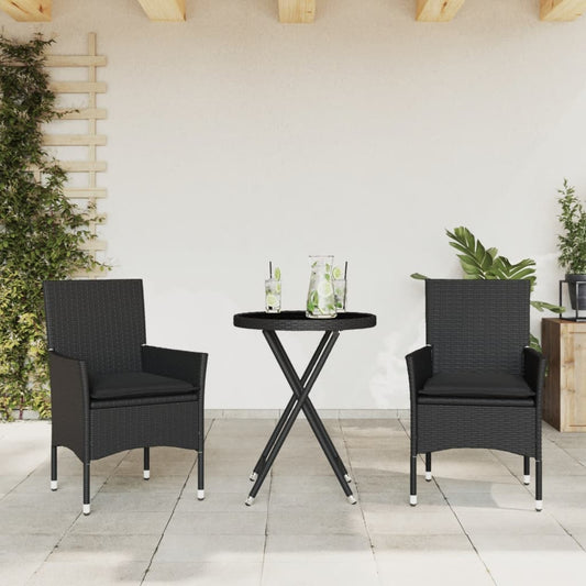 3-tlg. Bistro-Set mit Kissen Schwarz Poly Rattan und Glas