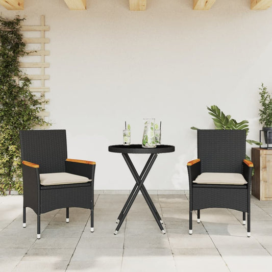 3-tlg. Bistro-Set mit Kissen Schwarz Poly Rattan und Glas