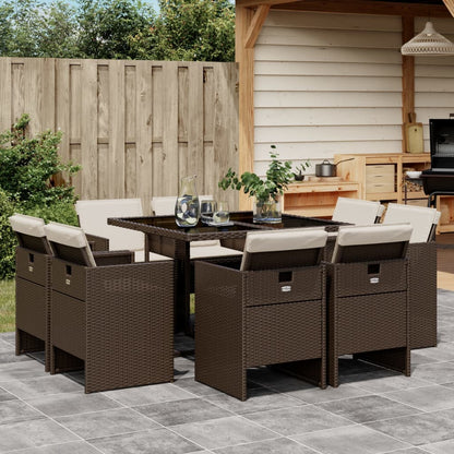 9-tlg. Garten-Essgruppe mit Kissen Braun Poly Rattan