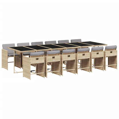 13 uds. Conjunto de comedor de jardín con cojines de poliratán mezcla beige