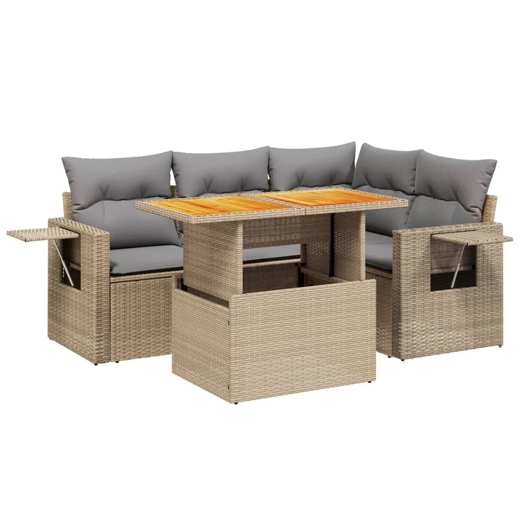 5-tlg. Garten-Sofagarnitur mit Kissen Beige Poly Rattan