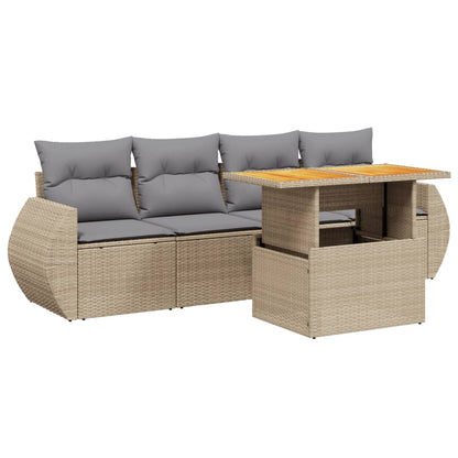 5-tlg. Garten-Sofagarnitur mit Kissen Beige Poly Rattan