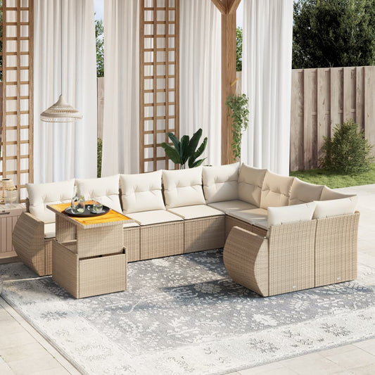 10-tlg. Garten-Sofagarnitur mit Kissen Beige Poly Rattan