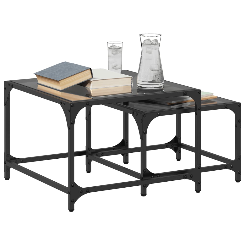 Tables gigognes 2 pcs avec plateau en verre acier noir