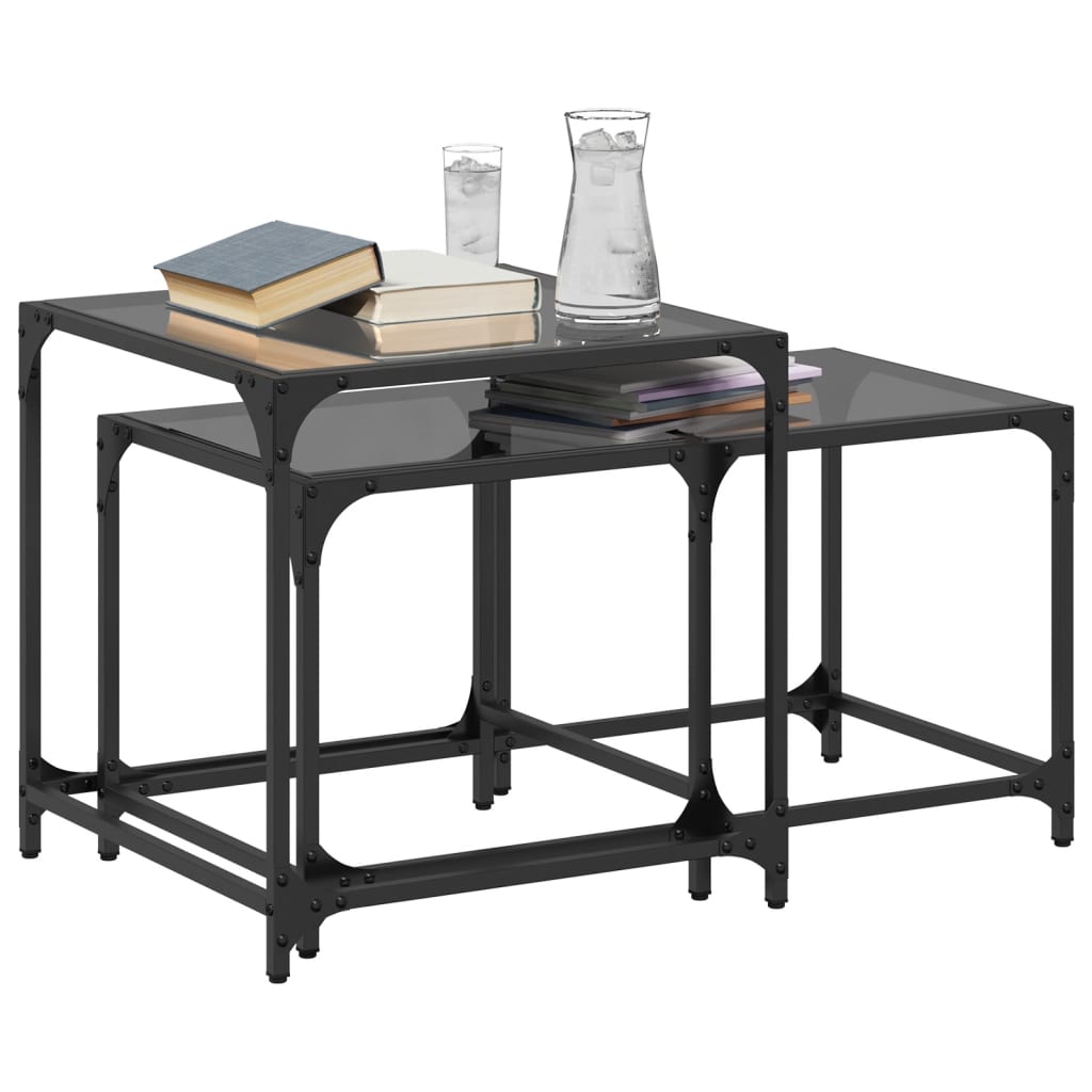 Tables gigognes 2 pcs avec plateau en verre acier noir