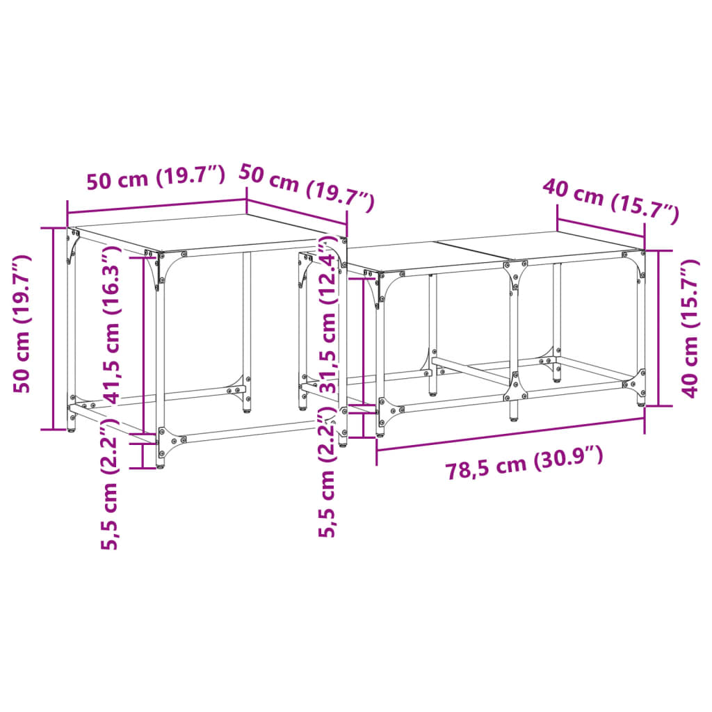 Tables gigognes 2 pcs avec plateau en verre acier noir