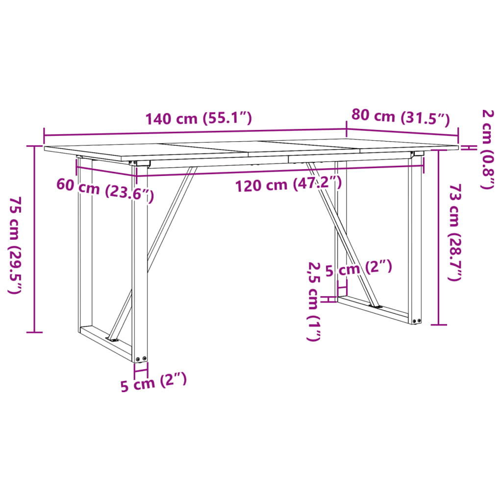 Table à manger O-frame 140x80x75 cm en bois de pin massif et fonte