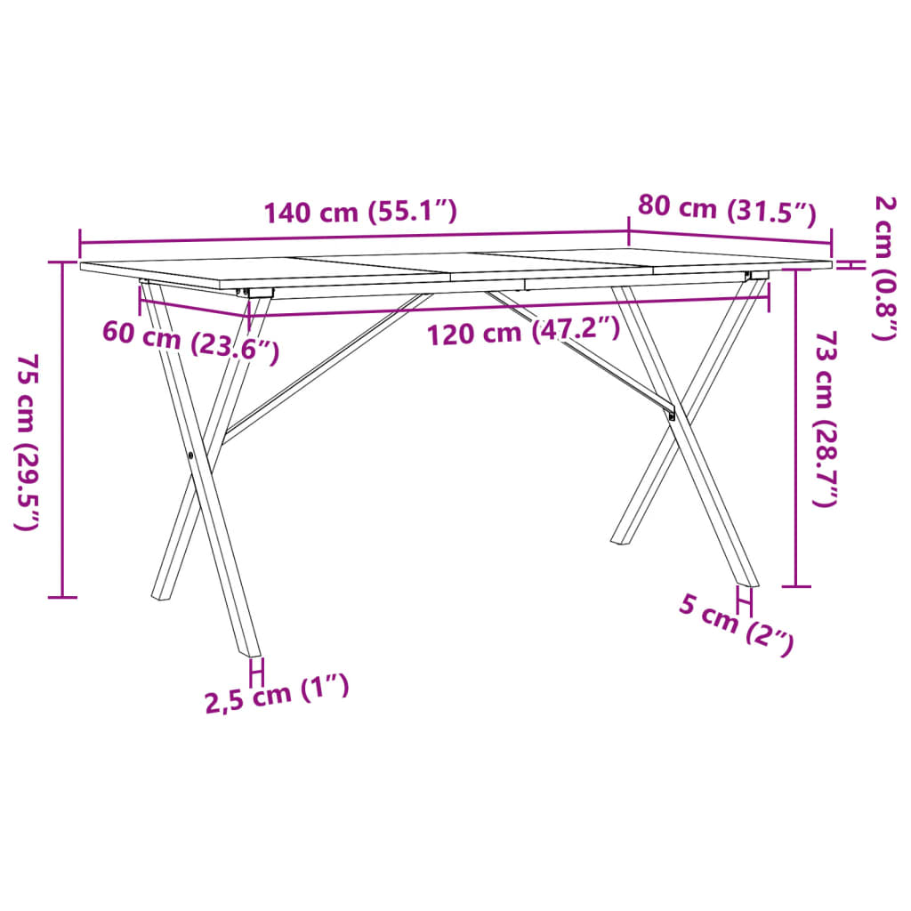 Table à manger X-frame 140x80x75 cm en bois de pin massif et fonte