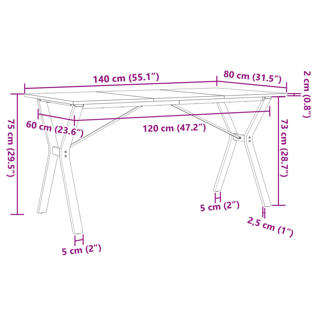 Table à manger structure Y 140x80x75 cm bois de pin massif et fonte