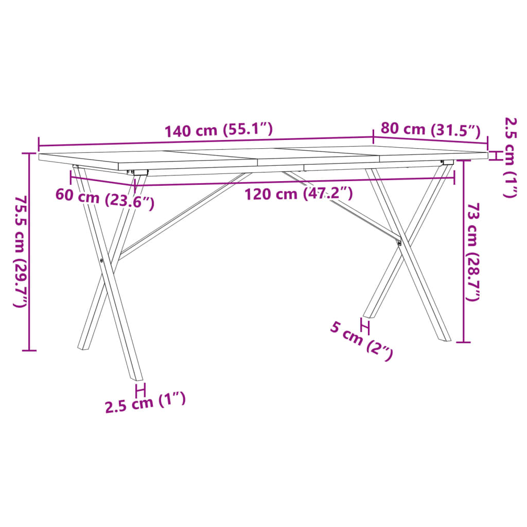 Table à manger X-frame 140x80x75,5 cm bois de pin massif &amp; fonte