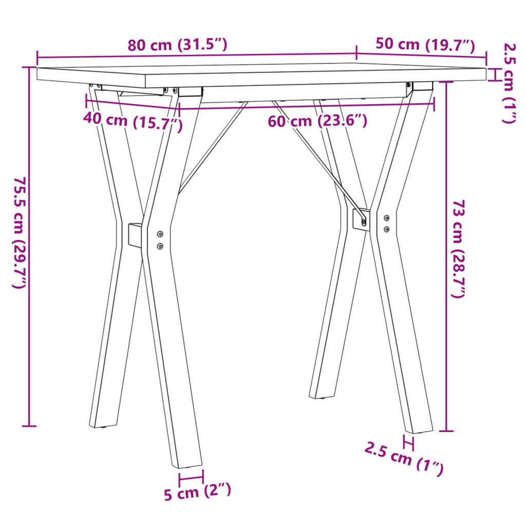 Table à manger structure Y 80x50x75,5 cm bois de pin massif &amp; fonte