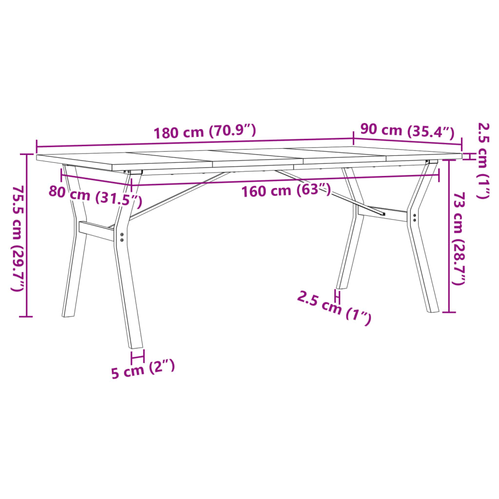 Table à manger structure Y 180x90x75,5 cm bois de pin massif &amp; fonte