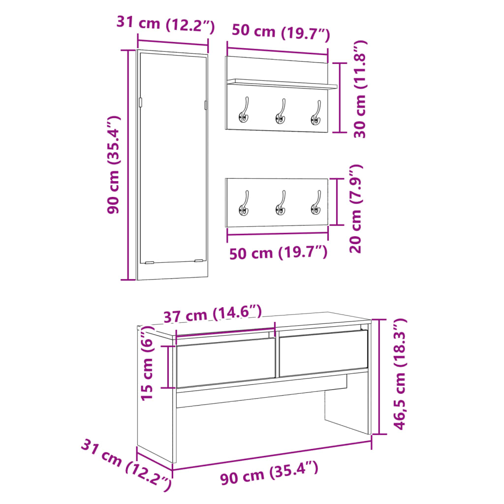 4-tlg. Flurmöbel-Set Räuchereiche Holzwerkstoff