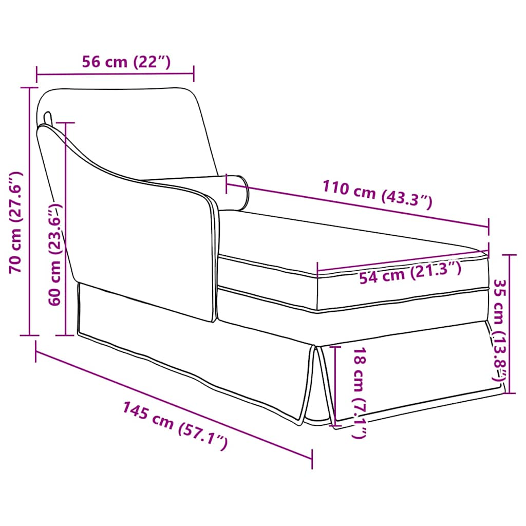 Chaiselongue mit Nackenrolle und Rechter Armlehne Hellgrau Samt