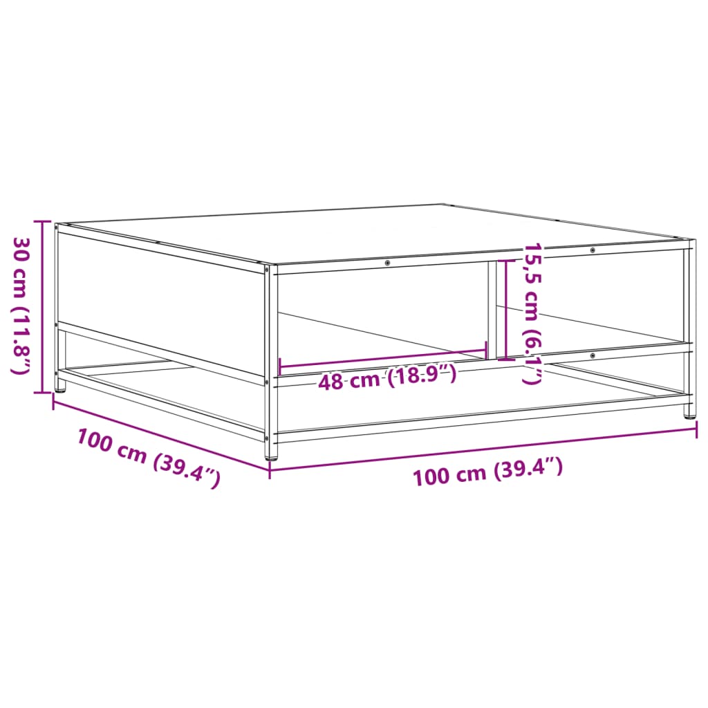 Couchtisch Braun Eichen-Optik 100x100x30cm Holzwerkstoff Metall