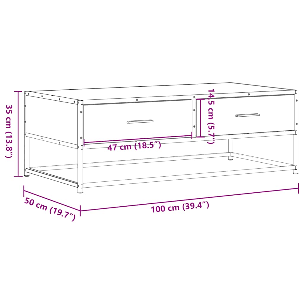 Couchtisch Braun Eichen-Optik 100x50x35 cm Holzwerkstoff Metall