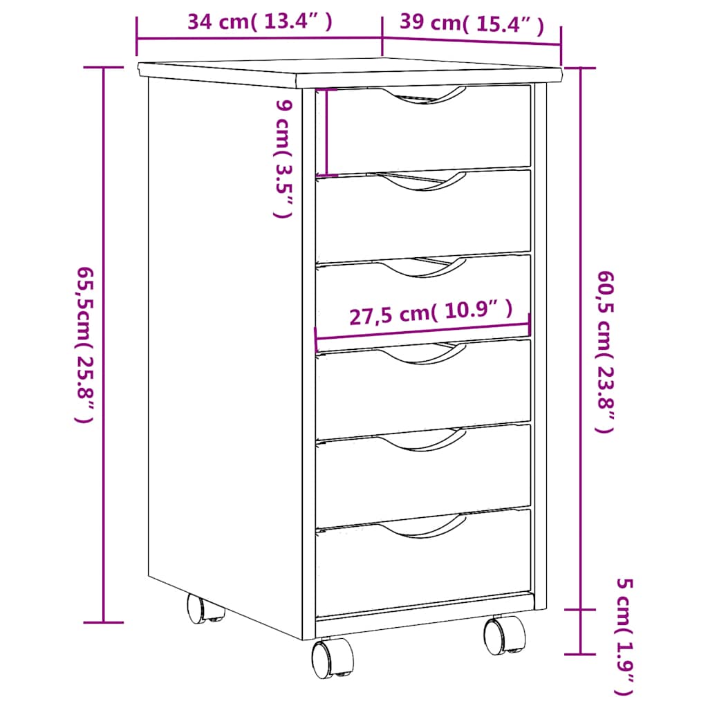 Rollschrank mit Schubladen MOSS Schwarz Massivholz Kiefer