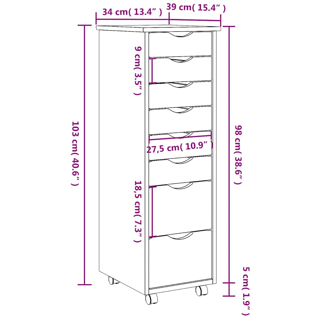 Rollschrank mit Schubladen MOSS Schwarz Massivholz Kiefer