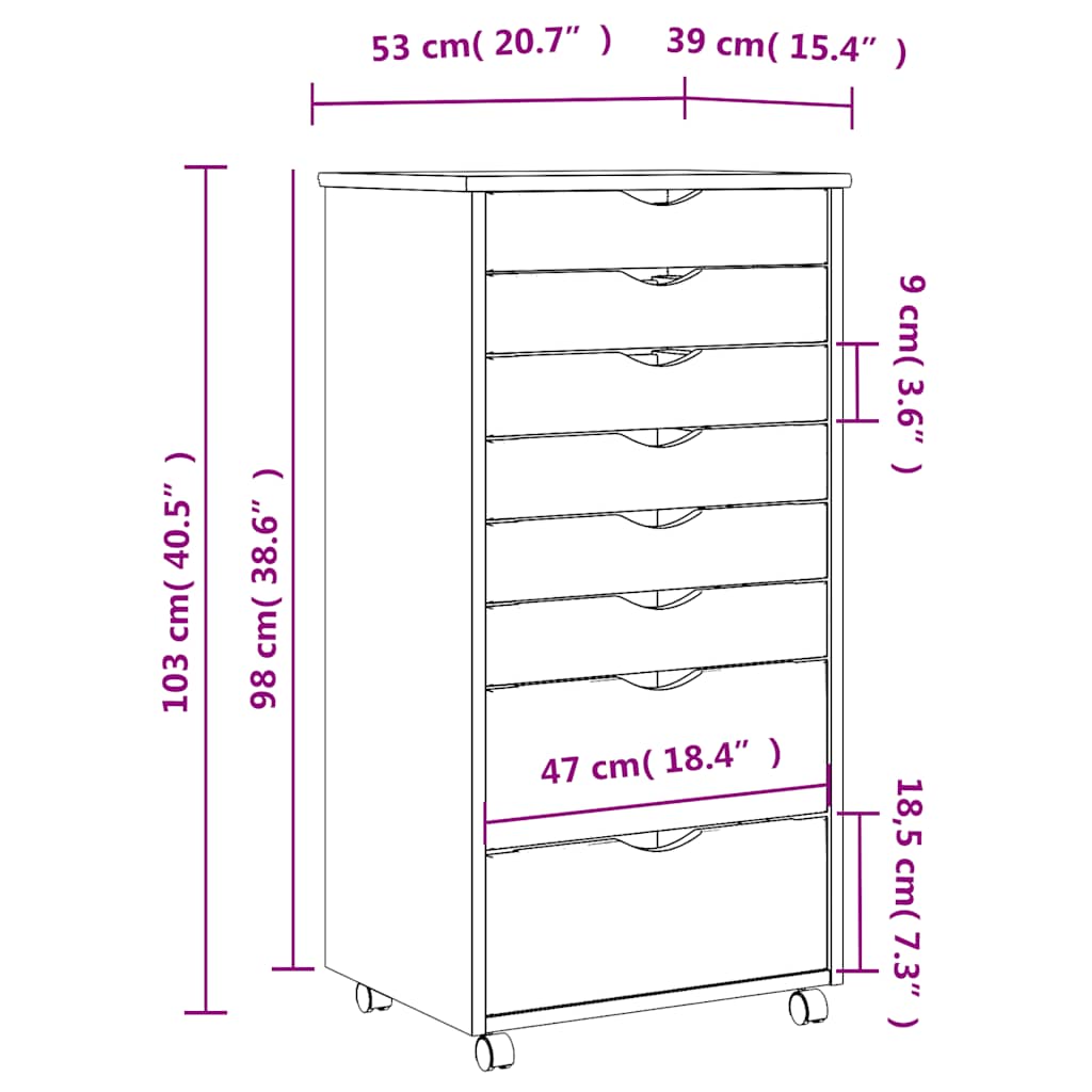 Rollschrank mit Schubladen MOSS Honigbraun Massivholz Kiefer