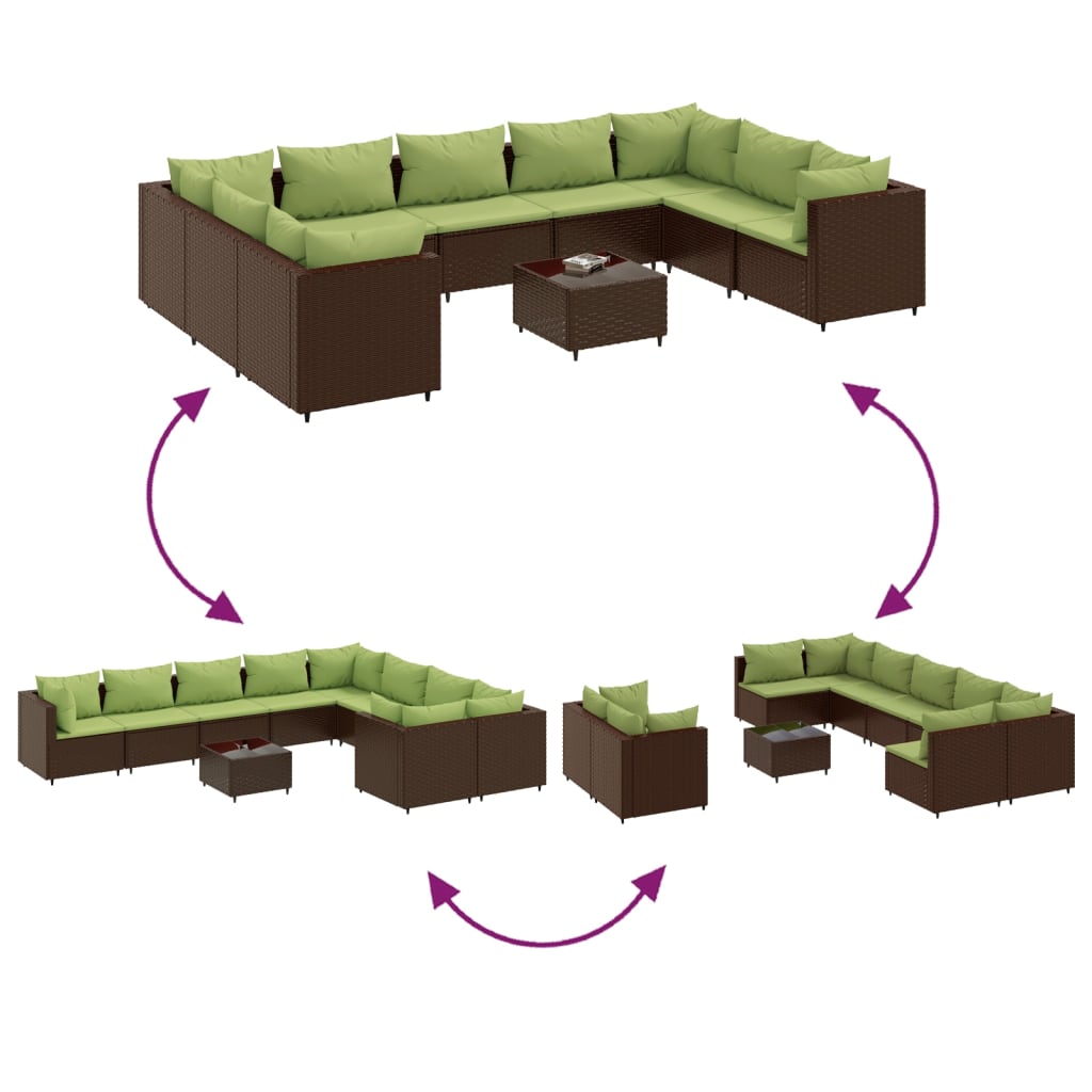 10 pièces. Ensemble canapé de jardin avec coussins en polyrotin marron